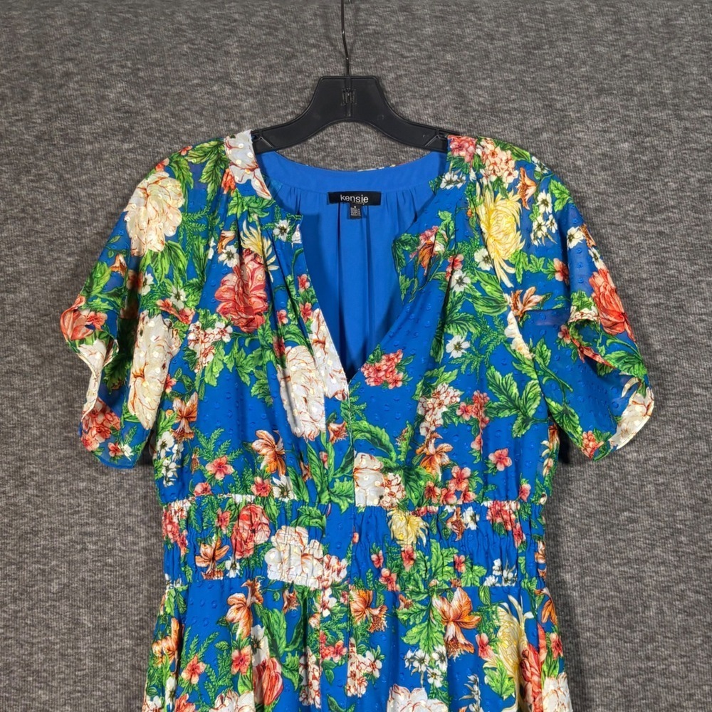 Kensie Blue Floral Swiss Dot Smocked Waist High Low Midi Dress Size 8 - Picture 2 of 9